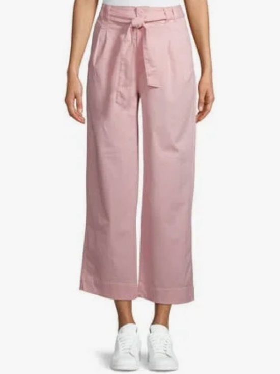 Time and Tru Pants - Time and Tru Wide Leg Relaxed Fit w Soft Tie Waist Cropped Pants, Light Pink, 12
